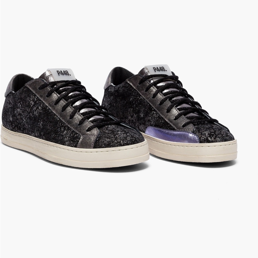 P448 Women's Black Velvet Sneakers with Purple Accent